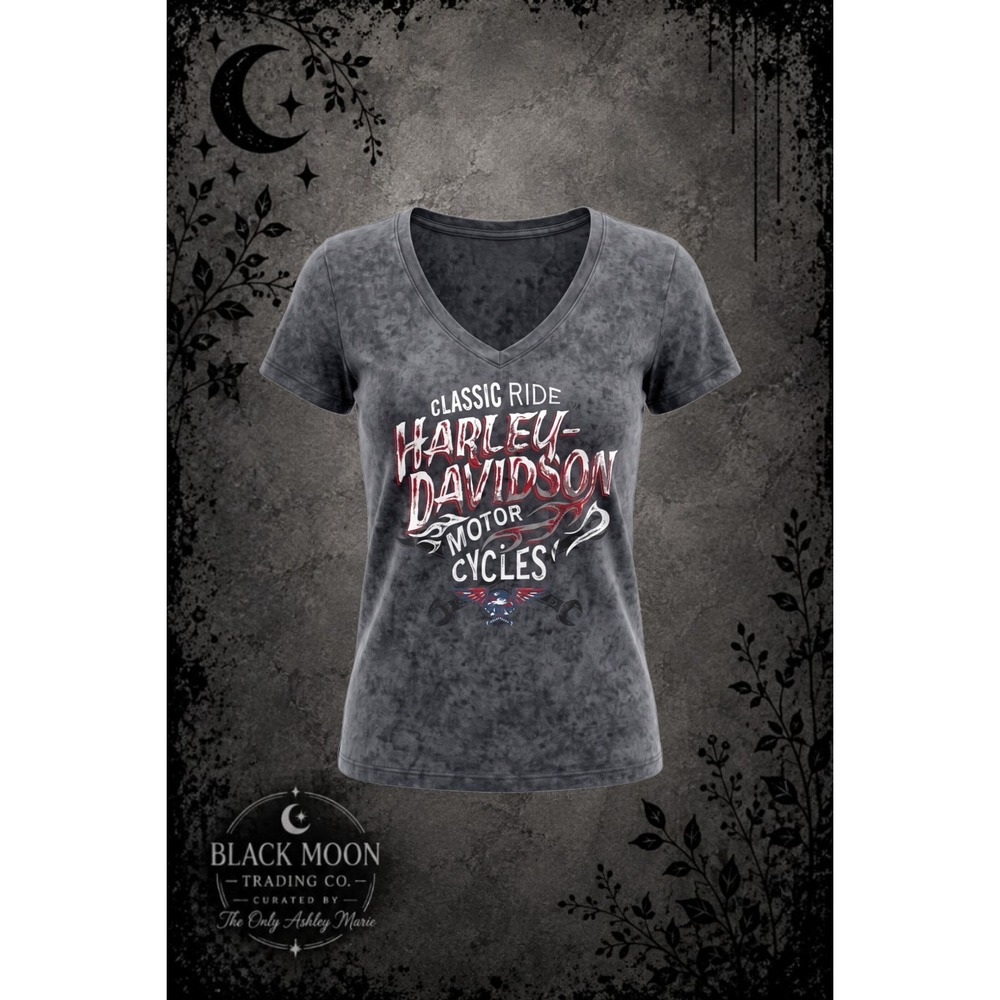 Harley Davidson Women's Medium Classic Ride Gray V Neck Graphic T Shirt